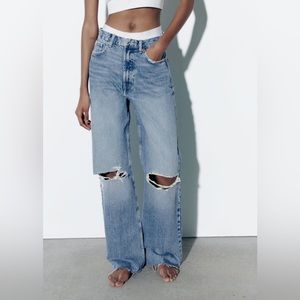 ZARA trf High-rise Wide Leg Ripped Jeans